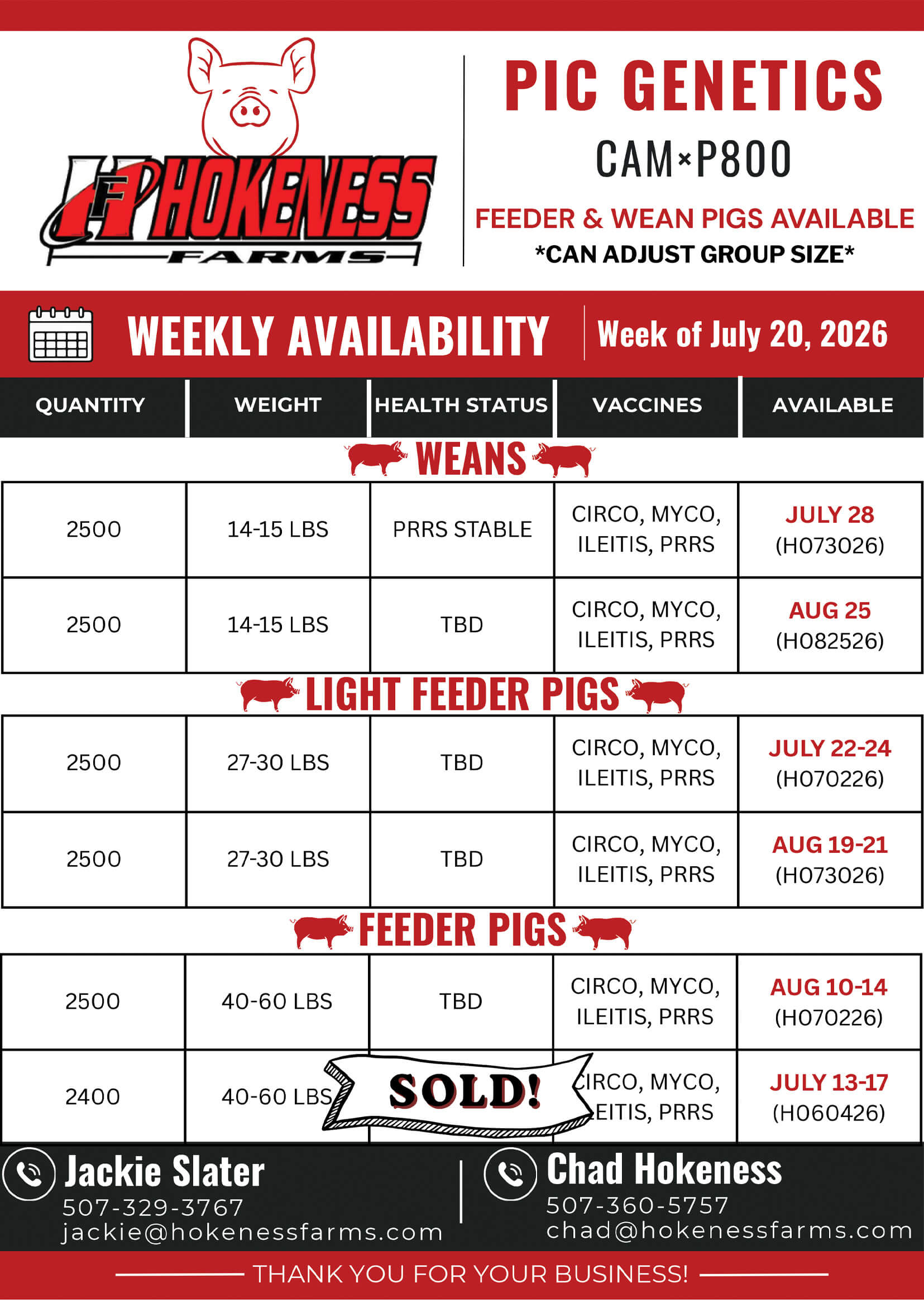 pig available in week of July 20